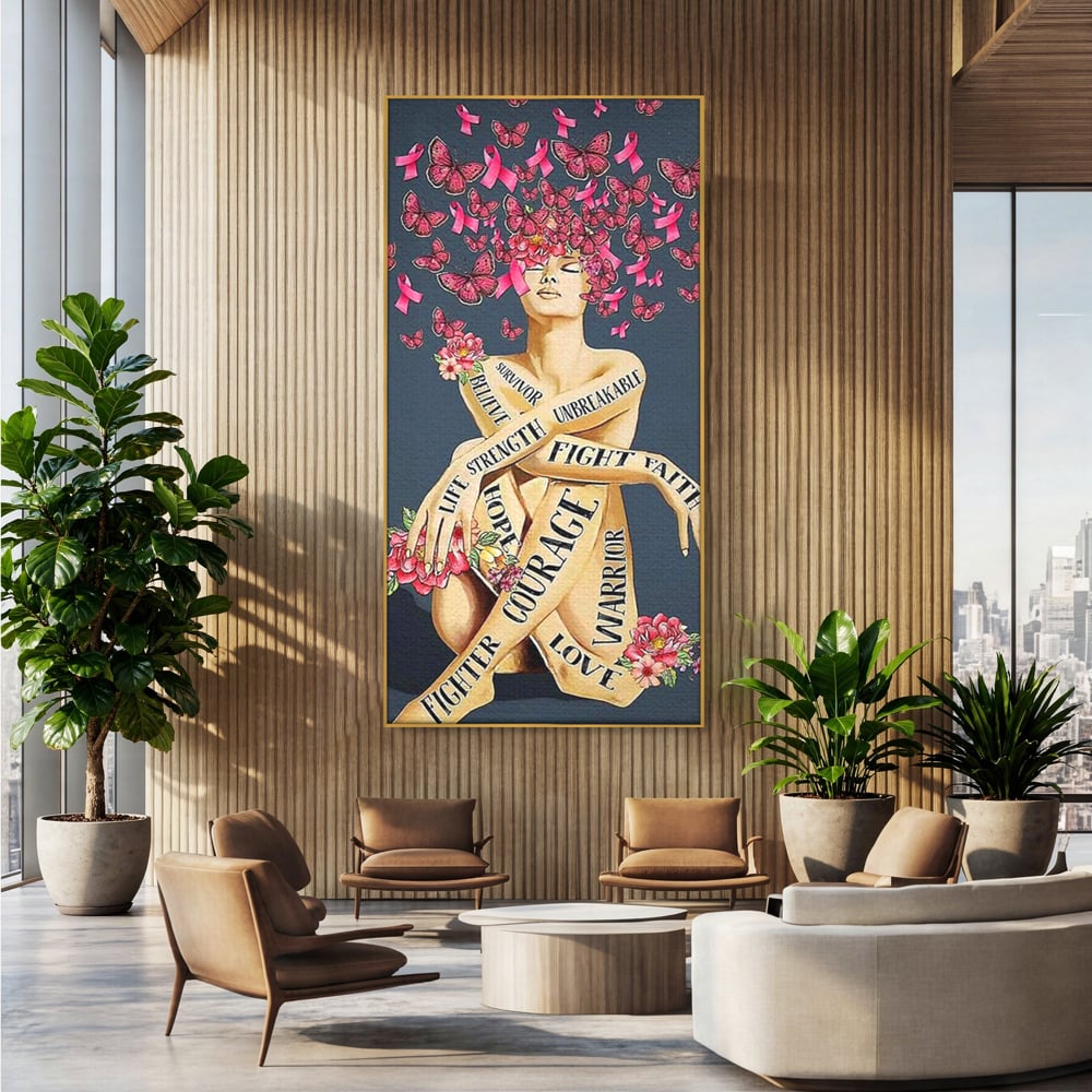 Tablou canvas cu tablou canvas cu portret de femeie si flori, in rama de aluminiu auriu, pe perete intr-un birou